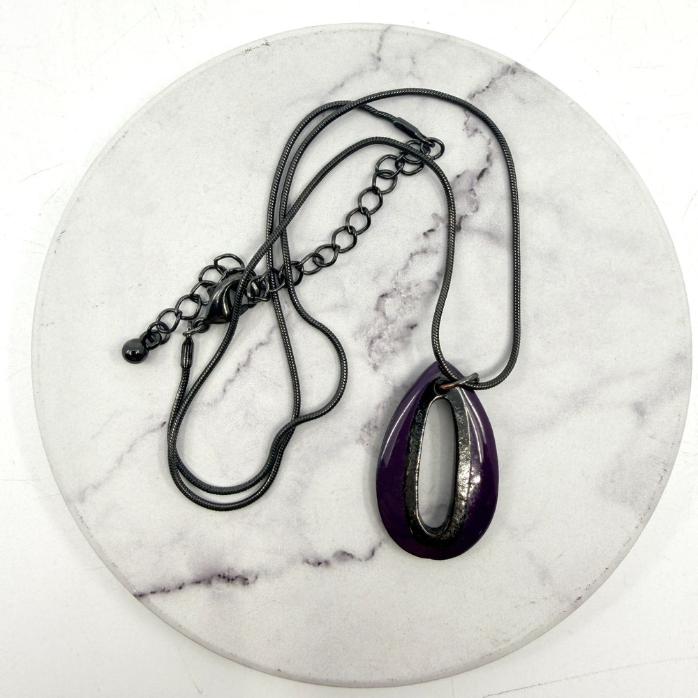 Modern Purple Enamel Teardrop Pendant Necklace Silver Tone Snake Chain Statement